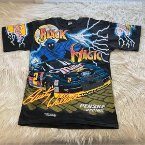 Vintage 90s NASCAR Rusty Wallace Black Magic Lightning AOP Tee T Shirt Size L
